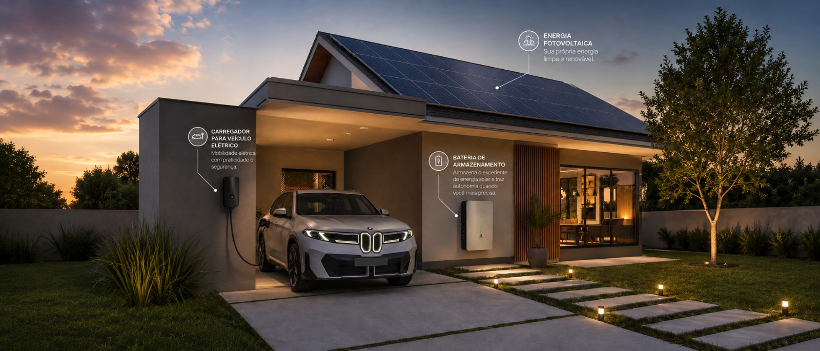 Casa residencial com sistema fotovoltaico, veículo elétrico carregando e bateria de armazenamento
